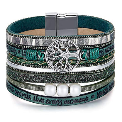 Desimtion Inspirational Tree of Life Boho Leather Wrap Bangle Bracelets for Women, Teen Girl Gifts Trendy Stuff, Fashion Accessories Jewelry Gifts for Women Girls - color: Green