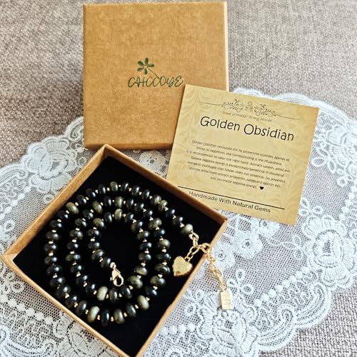 Boho Gemstone Beaded Necklace for Women – Colorful Natural Stone Choker 18K Solid Heart-Shaped Pendant, Summer Beach Jewelry - color: Golden Obsidian