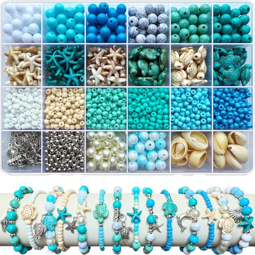1960Pcs Ocean Beads for Bracelets Making Kit, Blue and White Summer Beach Bead for Jewelry Making, Sea Turtle Seashell Starfish Shape Beads 8mm Round Seed Bead for DIY Craft Bracelets Earring - color: Blue+white
