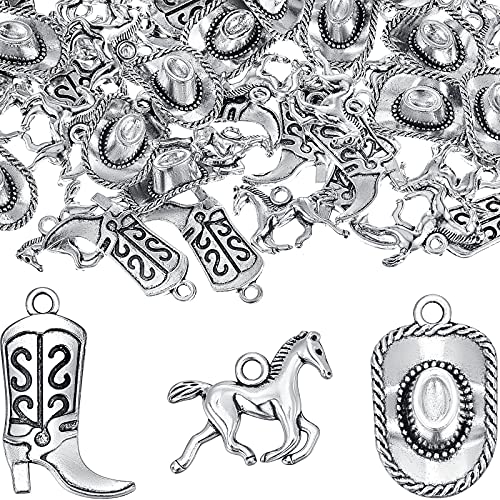 Junkin 90 Pieces Western Cowboy Charms for Jewelry Making Pendants Alloy Antique Boot Hat Silver Horse Cowboy Mini Cowgirl Charms for Earrings Bracelet Necklace