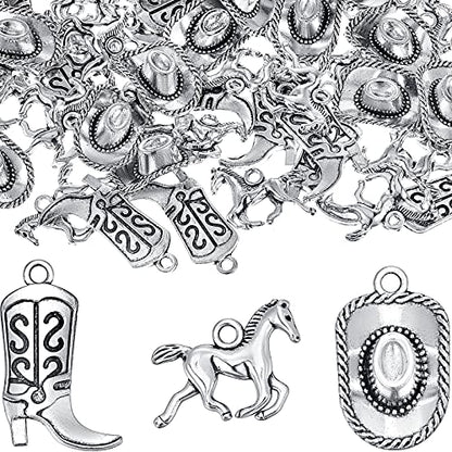 Junkin 90 Pieces Western Cowboy Charms for Jewelry Making Pendants Alloy Antique Boot Hat Silver Horse Cowboy Mini Cowgirl Charms for Earrings Bracelet Necklace
