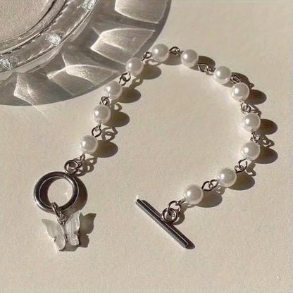 Pearl Beaded Bracelet with White Butterfly Charm, Toggle Clasp, Silver Tone