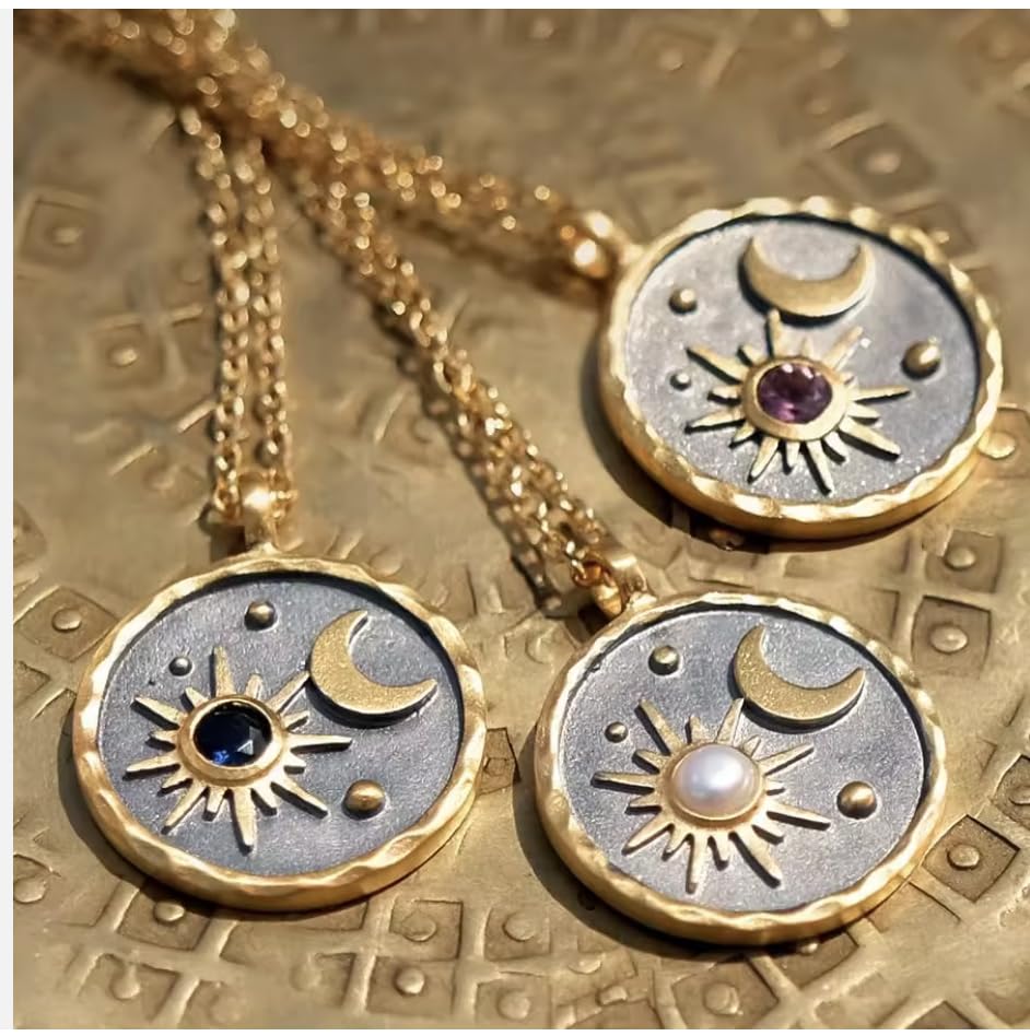 Gold Sun Moon and Stars Pendant Necklace with Birthstone Crystals as Center of Sun, Two-Tone Stainless Steel, Celestial Theme, Astrology Gift for Women, 16-20 Inch Adjustable Cable Chain - color: November Citrine