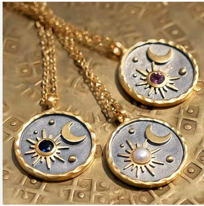 Gold Sun Moon and Stars Pendant Necklace with Birthstone Crystals as Center of Sun, Two-Tone Stainless Steel, Celestial Theme, Astrology Gift for Women, 16-20 Inch Adjustable Cable Chain - color: July Ruby