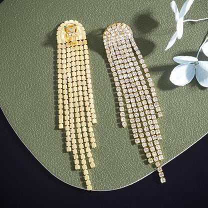 SELOVO Rhinestone Crystal Tassel Long Sparkle Dangle Earrings 2.8"/3.3" Wedding Party Dangling Earrings (3.3inch-Clip on-Gold Tone Clear)