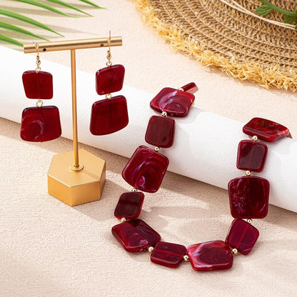 Retro Square Resin Beaded Jewelry Set Bohemia Vintage Adjustable Geometric Acrylic Beaded Choker Necklaces Dangle Earrings for Women Boho Trendy Wedding Party Statement Jewelry Gifts - style: StyleA