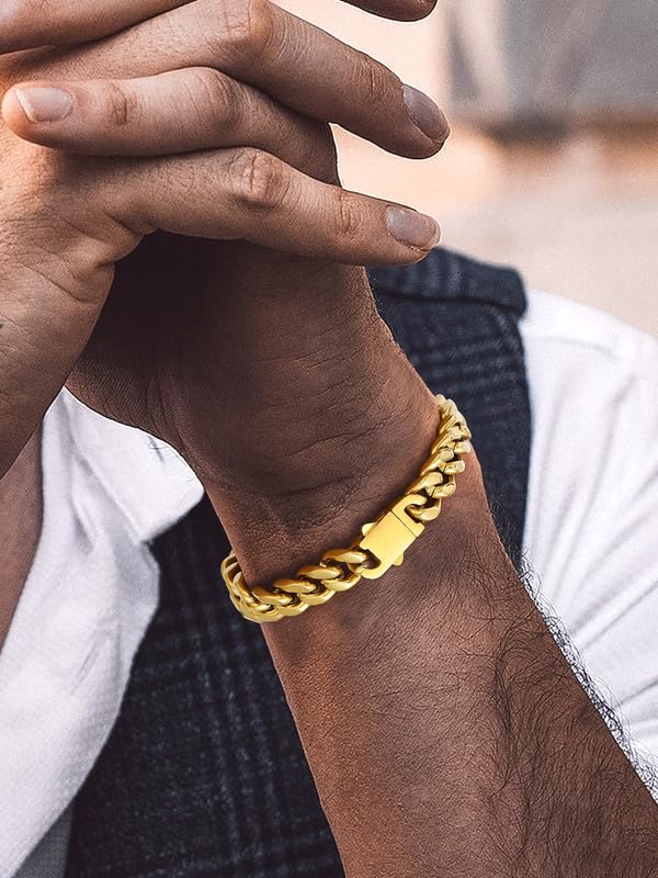 Bandmax Mens Hip Hop Cuban Link Bracelets 5/7/9/12MM Stainless Steel Miami Curb Chain Bracelet Silver/Gold Plated/Black Wristlet Chains for Men 7"-9" - color: 09 9MM-Gold