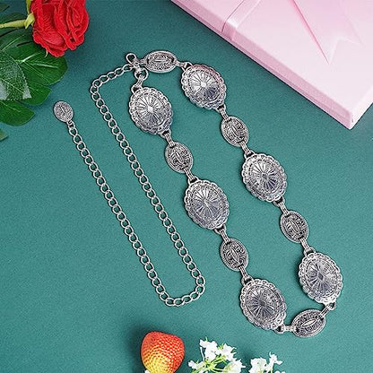 Jmkcoz Women Western Concho Chain Belt Silver Metal Oval Waist Chain Belt for Dresses Jeans Country Cowgirl - color: Silver