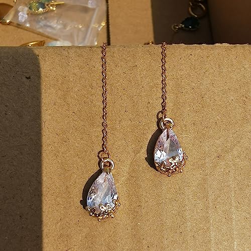 WANGGAO Stainless Steel Water Drop Long Chain Earrings for Women Linear Crystal Threader Earrings Jewelry - color: White
