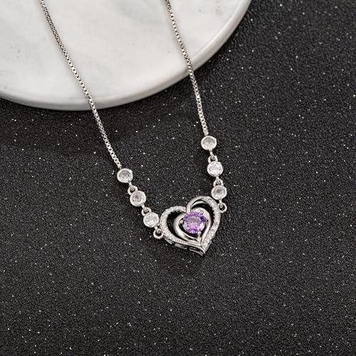 14K White Gold Plated Heart Bracelet for Women, Zircon Inlay Love Heart Charm Chain Bracelet Bangle with Adjustable Length - color: silver-purple