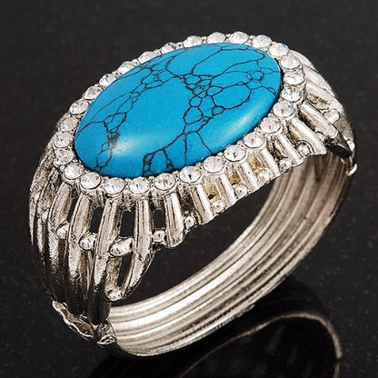 Avalaya Vintage Oval Shape Turquoise Stone, Crystal Hinged Bangle Bracelet
