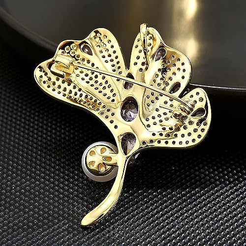 Brooches and Pins for Women Elegant Flower Pearl Brooches Costume Broches Jewelry Lady Christmas Pin for Women - style: Purple Ginkgo Leaf