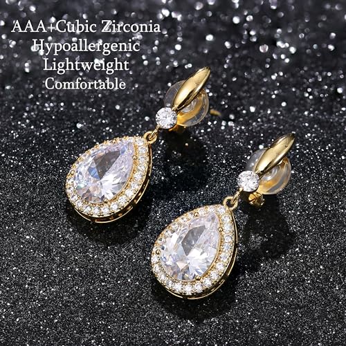THUNARAZ Clip on Dangle Earrings for Women, Rhinestone Wedding Prom Jewelry | Clip Earrings Non-Pierced, Teardrop Dangle Earrings, Crystal Drop Earrings, Elegant Rhinestone Jewelry for Bride Bridesmaid - color: Gold Tone/Clear Stone