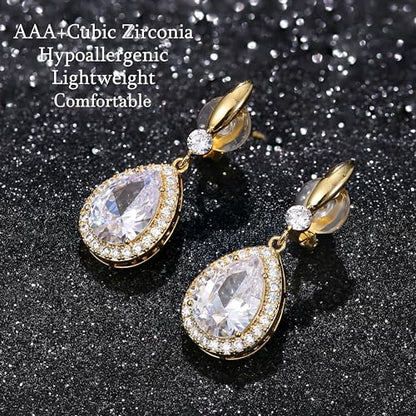 THUNARAZ Clip on Dangle Earrings for Women, Rhinestone Wedding Prom Jewelry | Clip Earrings Non-Pierced, Teardrop Dangle Earrings, Crystal Drop Earrings, Elegant Rhinestone Jewelry for Bride Bridesmaid - color: Gold Tone/Clear Stone