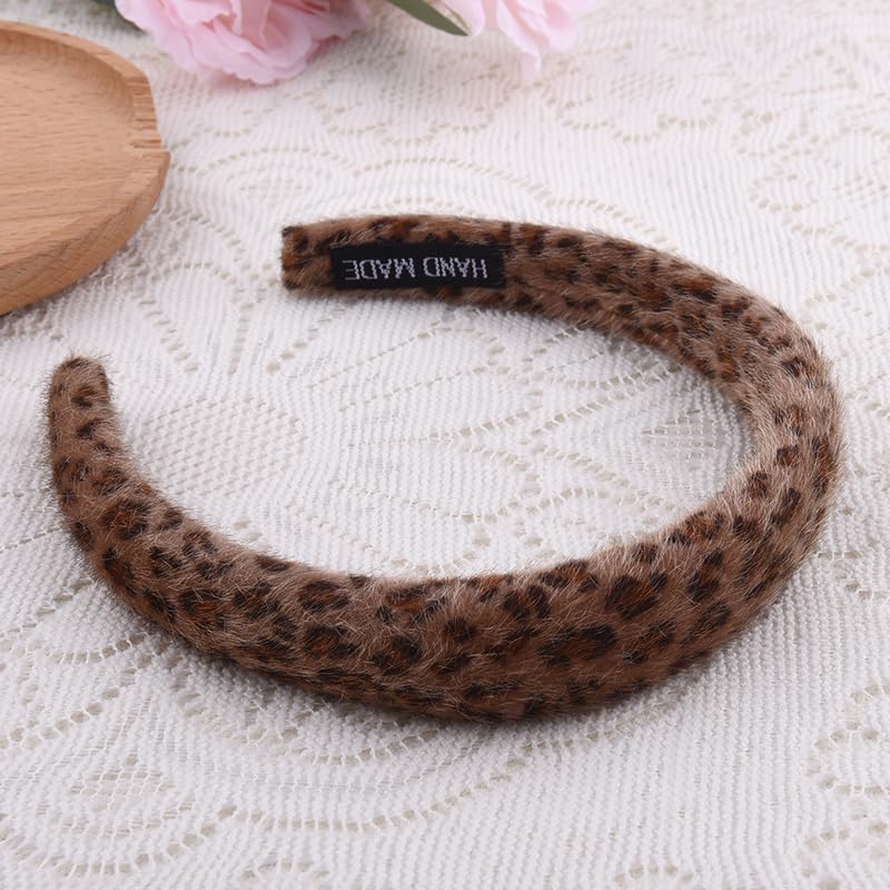 Puffy Leopard Headband Cheetah Print Headbands Hairband Thick Sponge Plush Padded Headband for Washing Face Non Slip Stylish Wild Animal Themed Hair Accessories for Women - color: Brown