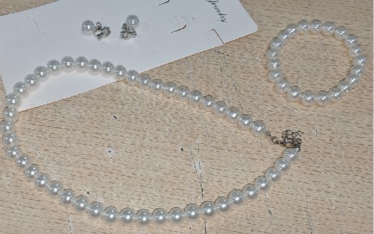 3 Pcs Pearl Jewelry Set Faux Pearl Clip on Earring Necklace Bracelet for Women Bridesmaid Birthday Wedding Gift - color: White, size: 8 mm