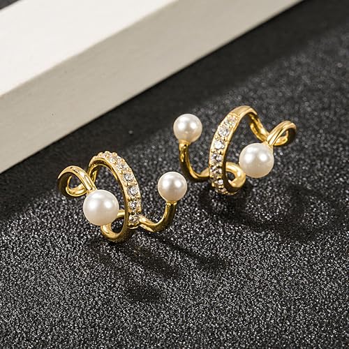 S925 Sterling Silver Pearl Ear Cuff Earrings for Women Mom Dainty 14K Gold Plated Pearl Wrap Earring Ear Cuff Non Piercing Clip-On Cartilage Earring Mothers Day Birthday Wedding Jewelry Gifts - color: Gold