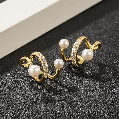 S925 Sterling Silver Pearl Ear Cuff Earrings for Women Mom Dainty 14K Gold Plated Pearl Wrap Earring Ear Cuff Non Piercing Clip-On Cartilage Earring Mothers Day Birthday Wedding Jewelry Gifts - color: Gold
