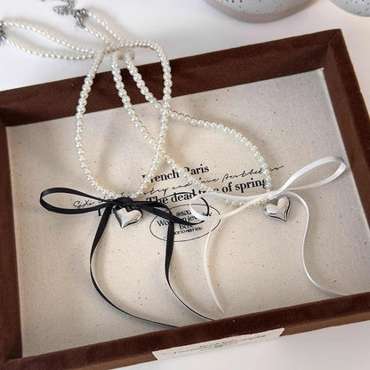 Pearl Ribbon Bow Choker Necklaces Y2k Coquette Necklace for Women - color: Black