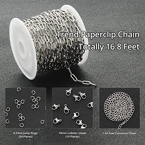 UMAOKANG 16.4 Feet Silver Stainless Steel Chains for Jewelry Making Cable Long Craft Link Chain Roll Paperclip Necklace Chains Bulk with Jump Rings Lobster Clasps Extender Chain - color: Steel Paperclip