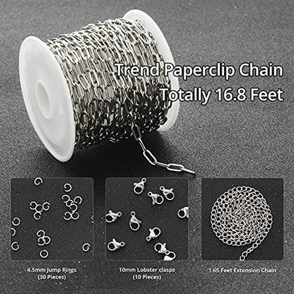 UMAOKANG 16.4 Feet Silver Stainless Steel Chains for Jewelry Making Cable Long Craft Link Chain Roll Paperclip Necklace Chains Bulk with Jump Rings Lobster Clasps Extender Chain - color: Steel Paperclip
