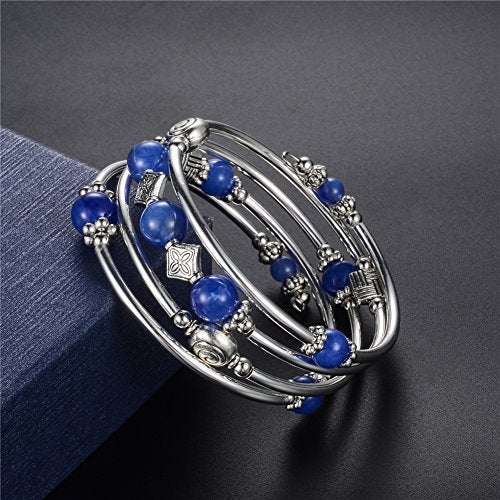 Beaded Pearl Bangle Wrap Bracelet - Fashion Bohemian Jewelry Multilayer Charm Bracelet with Thick Silver Metal Beads, Gift For Women - color: Blue