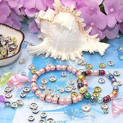 100Pcs Rondelle Spacer Beads Round Crystal Charms Czech Rhinestone Silver Plated Spacer Loose Beads for DIY Bracelet Necklace Jewelry Making Supplies (4MM, Pink) - color: Pink, size: 4MM