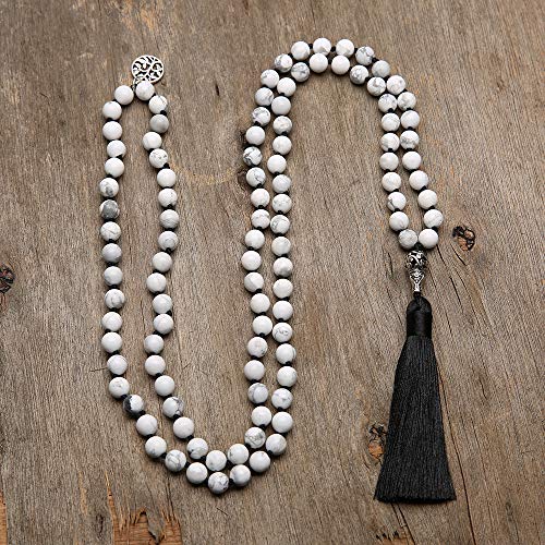 108 Mala Beads Necklace Semi-Precious Gem Stones Meditation Necklace 108 Hand Knotted Japa Mala Beaded Tassel Necklace with Tree of Life Pendant - color: Natural White Howlite（Black Tassel）