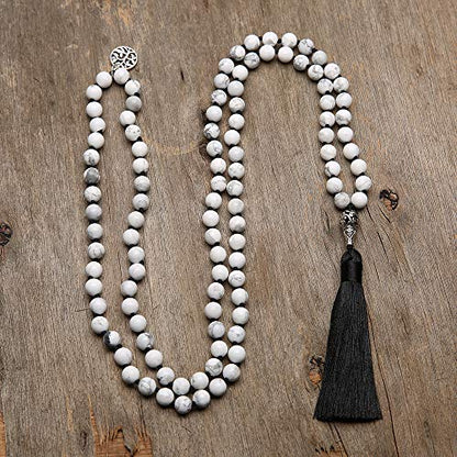 108 Mala Beads Necklace Semi-Precious Gem Stones Meditation Necklace 108 Hand Knotted Japa Mala Beaded Tassel Necklace with Tree of Life Pendant - color: Natural White Howlite（Black Tassel）