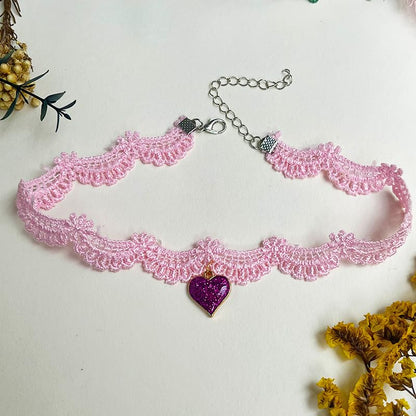 Nova&Aria Chokers Set For Women Heart Choker Necklaces Flower Pendant Velvet Cute Pink Turquoise Blue White Black Choker Necklace Christmas Colorful Lace Chokers - color: Pink&Green