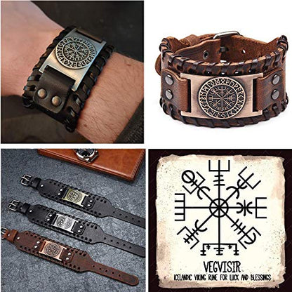 GelConnie Viking Bracelet Punk Leather Cuff Bracelet Gothic Leather Wristband Bracelet with Nordic Amulet Scandinavian Talisman Celtic Pagan Jewelry - color: Brown Compass