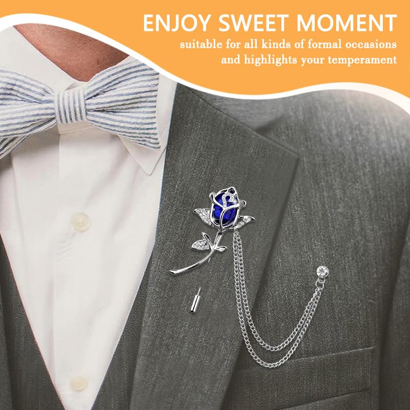 Crystal Rhinestone Flower Brooch Pin Rose Lapel Pins for Men Hanging Chain Brooch Suit Pin Mens Flower Lapel Pins for Suits - color: Blue