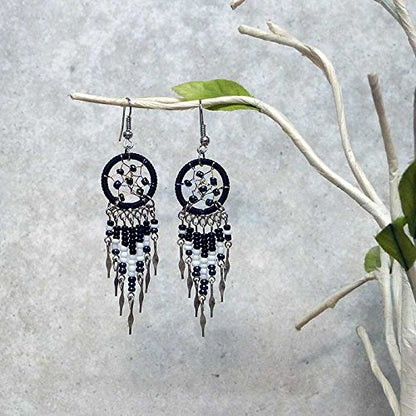 Beaded Dreamcatcher Earrings for Women, Long Boho Fringe Dangle Earrings, Lightweight Colorful Statement Jewelry, Handmade - color: Black & White
