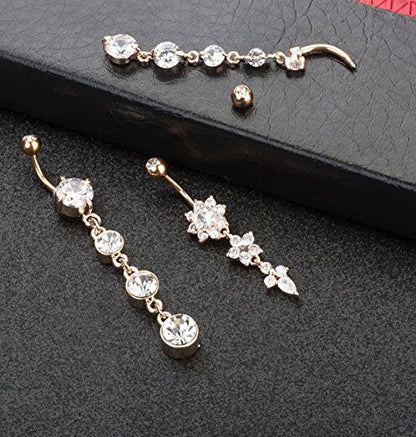 3-6PCS 14G 316L Stainless Steel Belly Button Rings for Women Navel Rings Barbell Dangle Flower CZ Body Piercing - color: B: 3 Pcs Rose-tone