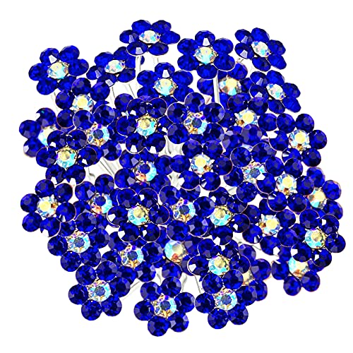 Rhinestone Flower Hair Pins, 40 Pcs U-Shaped Crystal Party Wedding Bridal Hair Accessories for Women Girls (Blue) - color: Blue