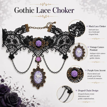 Gothic Lace Choker Necklace for Women Victorian Cameo Pendant Black Floral Collar Jewelry Halloween Costume Accessory Fashion Gift