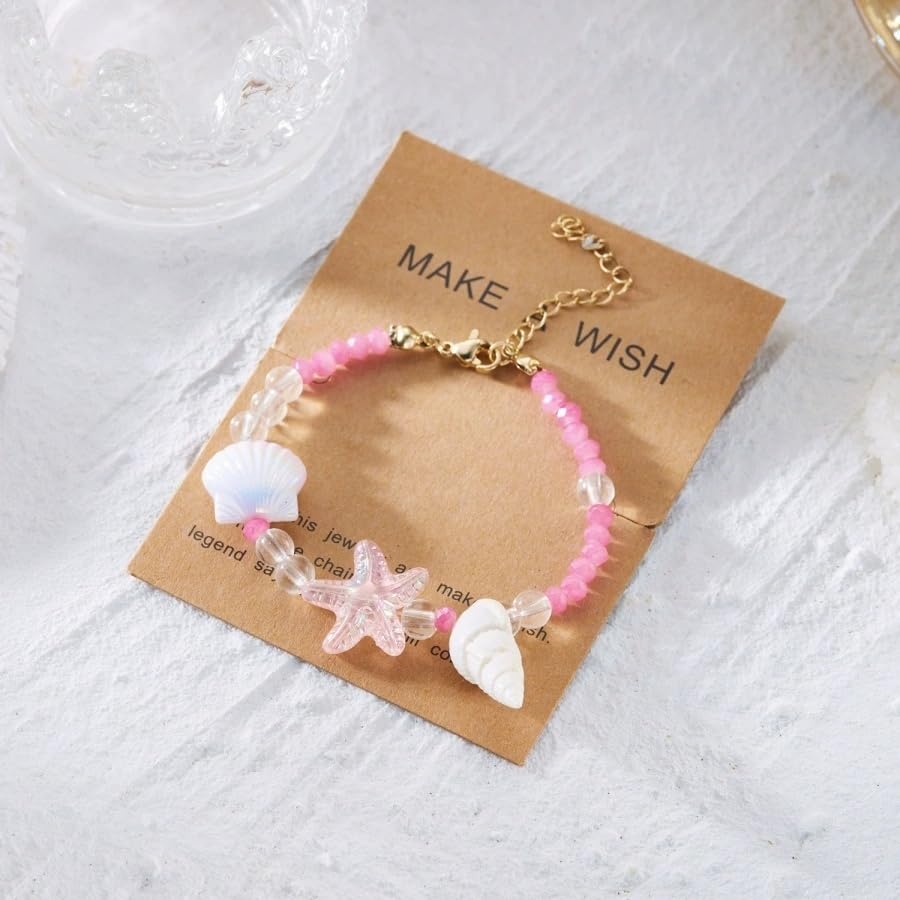 Handmade Natural Shell Starfish Beads Bracelets with a Wish Card Bohemia Sweet Seashell Conch Pearl Charm Bracelets for Women Boho Sea Themed Summer Beach Surfer Vacation Jewelry Gifts - style: StyleC