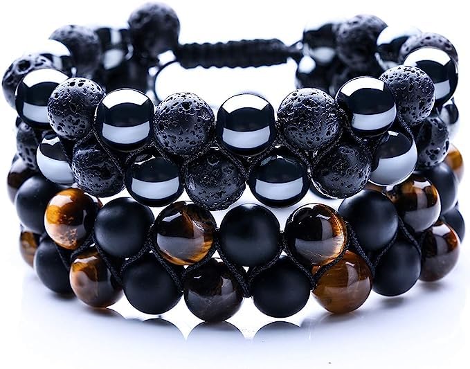 WFJ Black Obsidian Hematite Triple Protection Bracelets Set - Tiger Eye Beaded Natural Stone Bracelet for Men Women Gemstone (10MM) - color: Adjustable Double Set of 2