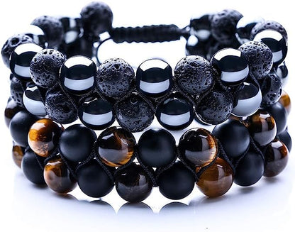 WFJ Black Obsidian Hematite Triple Protection Bracelets Set - Tiger Eye Beaded Natural Stone Bracelet for Men Women Gemstone (10MM) - color: Adjustable Double Set of 2