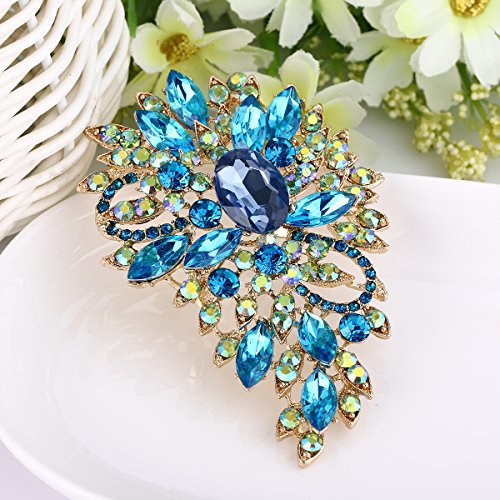 EVER FAITH Women's Austrian Crystal Wedding Flower Leaf Bouquet Brooch - color: Light Blue w/ Green AB