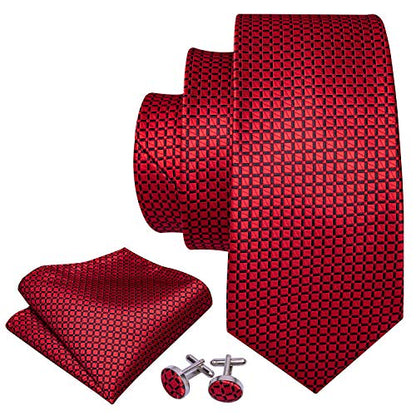 YOHOWA Men Plaid/Striped Ties Clip Set Silk Necktie Pocket Square Cufflinks | Woven Classic,Formal/Casual Mens Tie,Pocket Square Cufflinks Set,Luxury,Business,Wedding,Party,Prom,Graduation - color: A Red Fashion Plaid