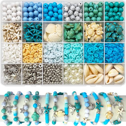 1860Pcs Ocean Beads for Bracelets Making Kit, Blue and White Summer Beach Bead for Jewelry Making, Sea Turtle Shell Starfish Shape Beads 8mm Round Cly Bead for DIY Craft Bracelets Earring (Blue) - color: Blue