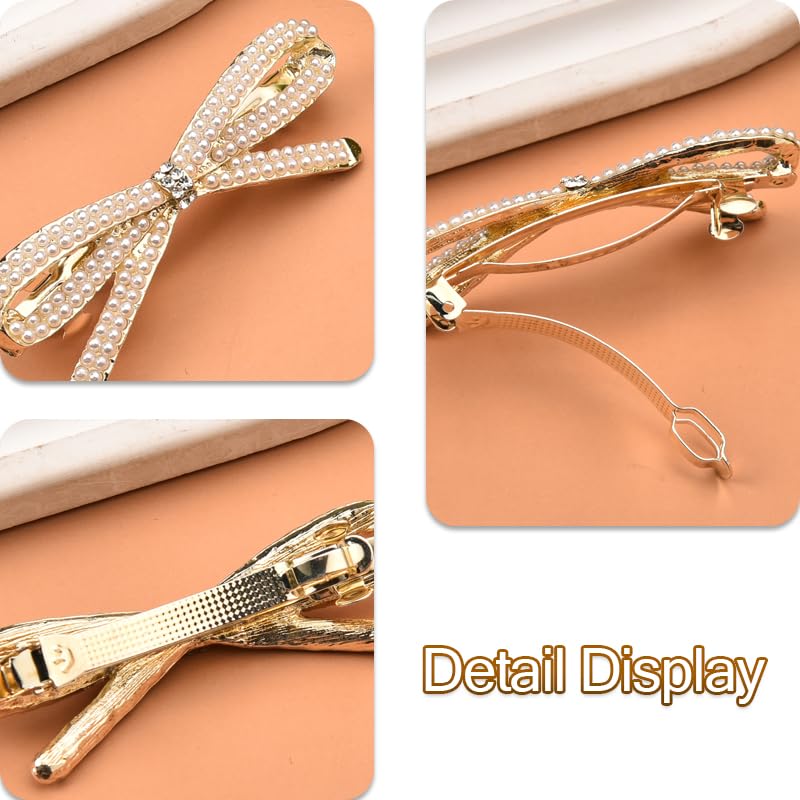 French Bow Crystal Rhinestone Bow-knot Pearl Hair Clips Barrette Hair Pin Hairpin Gold Pearl Accessories for Women Girls Bridal Wedding Prom - color: Pearl
