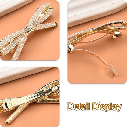 French Bow Crystal Rhinestone Bow-knot Pearl Hair Clips Barrette Hair Pin Hairpin Gold Pearl Accessories for Women Girls Bridal Wedding Prom - color: Pearl