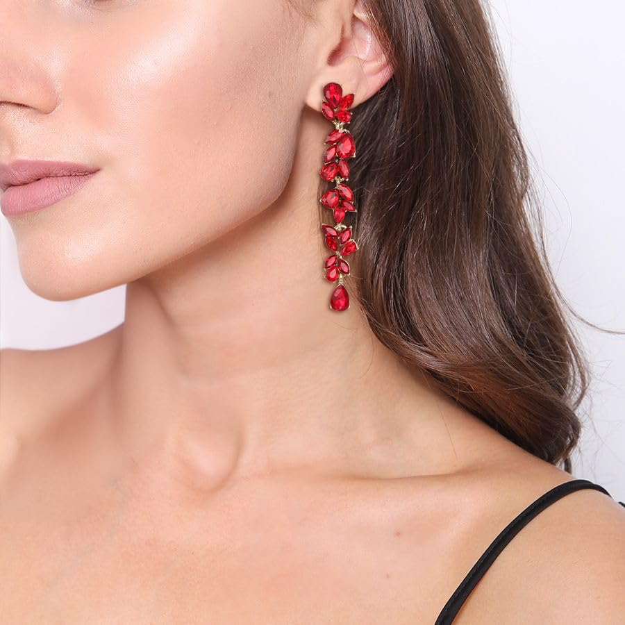 Crysdue Clip On Earrings for Women Rhinestone Crystal Teardrop Cluster Wedding Bridal Non Pierced Long Dangle Earring for Prom Party - color: Red Gold-Tone