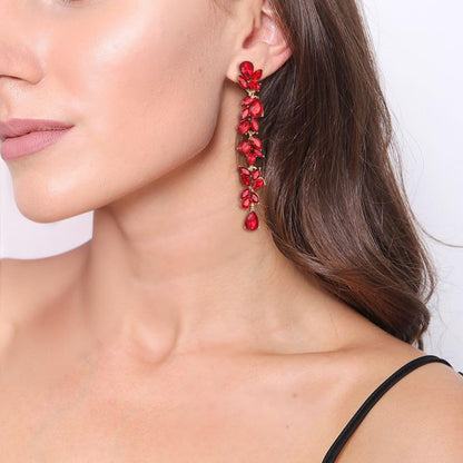 Crysdue Clip On Earrings for Women Rhinestone Crystal Teardrop Cluster Wedding Bridal Non Pierced Long Dangle Earring for Prom Party - color: Red Gold-Tone