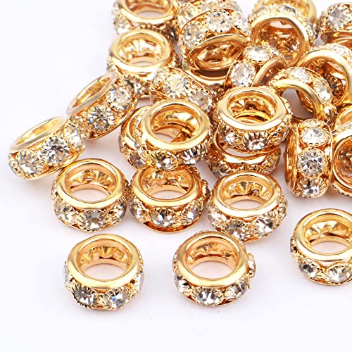 BronaGrand 40pcs 12mm Rhinestone European Spacer Beads Diamond Crystal Charm Beads Rondelle Loose Beads with 8mm Large Hole for DIY Bracelet Crafts Jewelry Making, KC Golden - color: Gold, size: 12MM