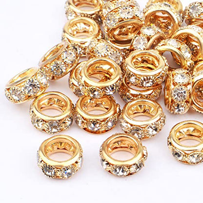 BronaGrand 40pcs 12mm Rhinestone European Spacer Beads Diamond Crystal Charm Beads Rondelle Loose Beads with 8mm Large Hole for DIY Bracelet Crafts Jewelry Making, KC Golden - color: Gold, size: 12MM