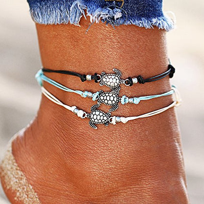 Softones Blue Starfish Turtle Anklet Multilayer Charm Beads Sea Handmade Boho Anklet Foot Jewelry for Women - style: A:Turtle 4