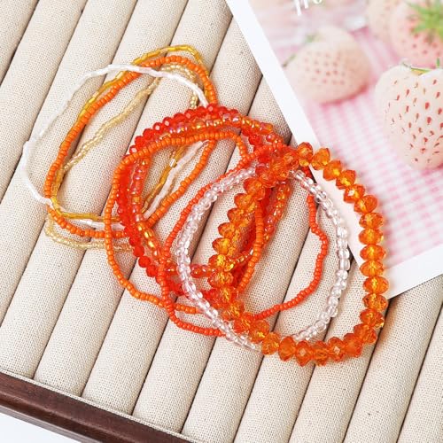 Handmade Stackable Rice Seed Beaded Ball Bracelets set for women, Romantic Boho Trendy Acrylic Glass Stretch Accessories Multi Layer Jewelry, Daily Wear Party Holiday Friendship Gift - color: Orange